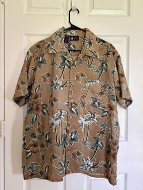 Roundy Bay Men's Size Large Vintage Tropical Palm Tree & Hibiscus Floral Camp